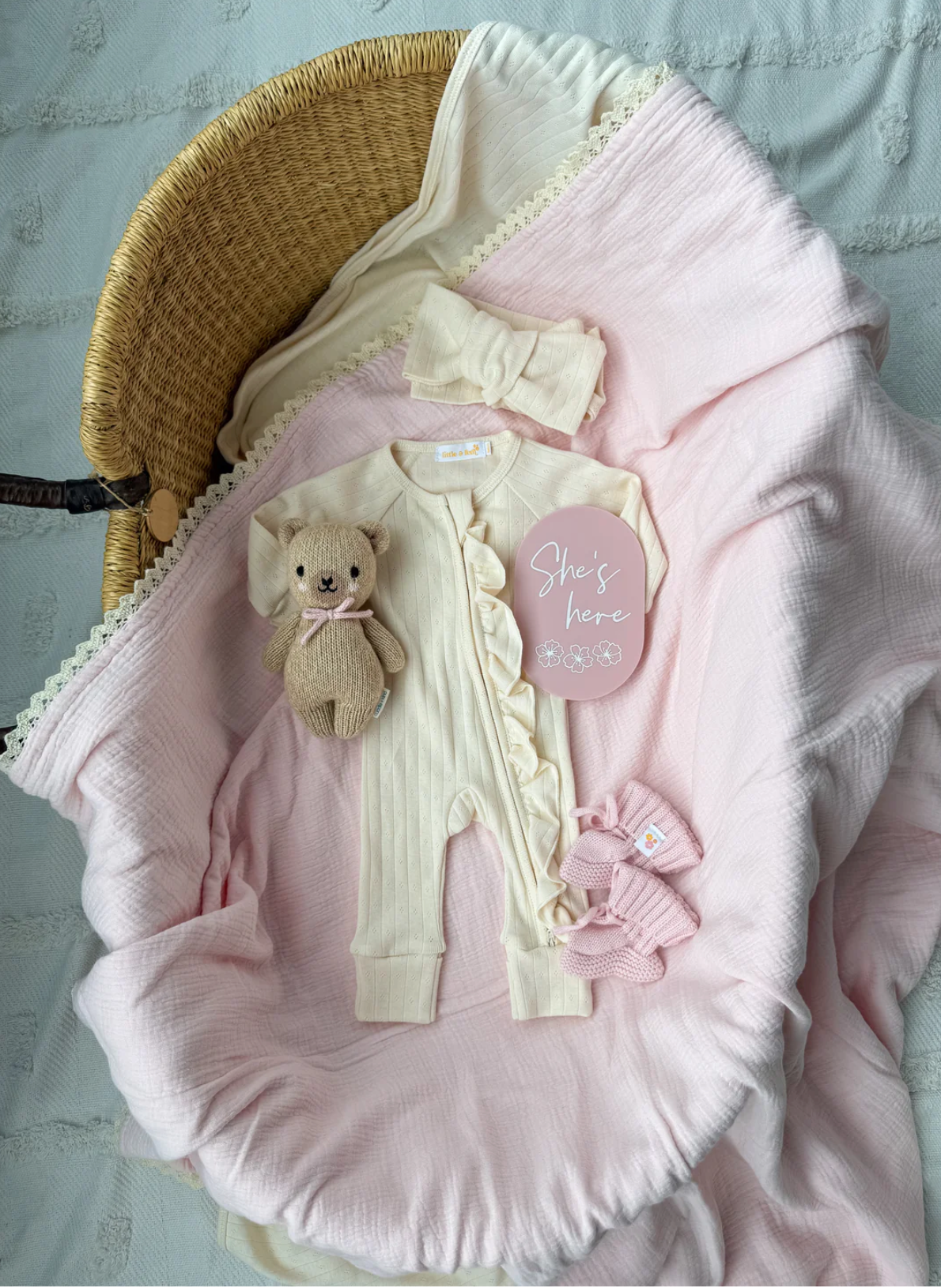 LITTLE & FERN Frill Zip Romper | Buttercream Pointelle