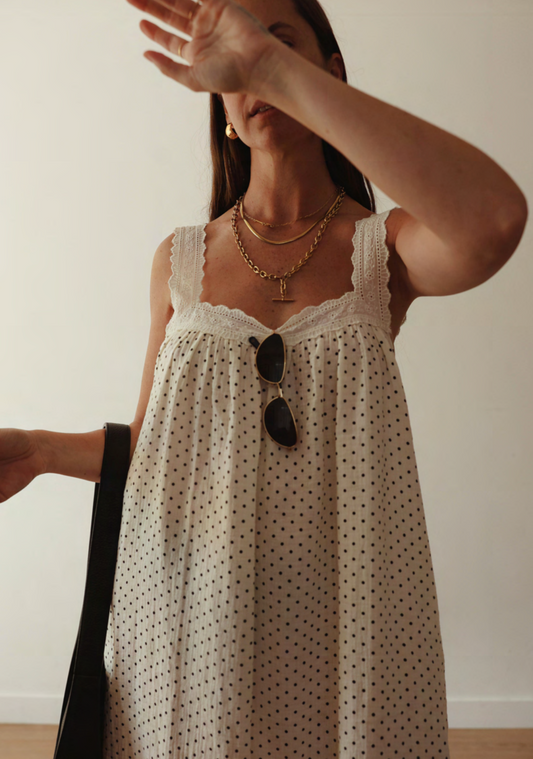 ALAKAI Juno Slip Dress | Off White Polka Dot