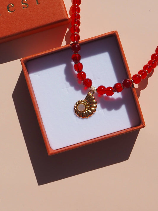 ALESI Spiral Shell Mother of Pearl Red Beaded Necklace | Gold