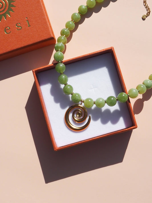 ALESI Spiral Lime Green Beaded Gemstone Necklace | Gold