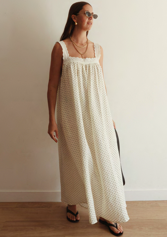 ALAKAI Juno Slip Dress | Off White Polka Dot
