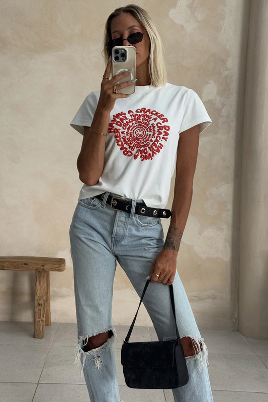 CRACKER DAY CLUB Spiral Baby Tee Shirt | White & Red